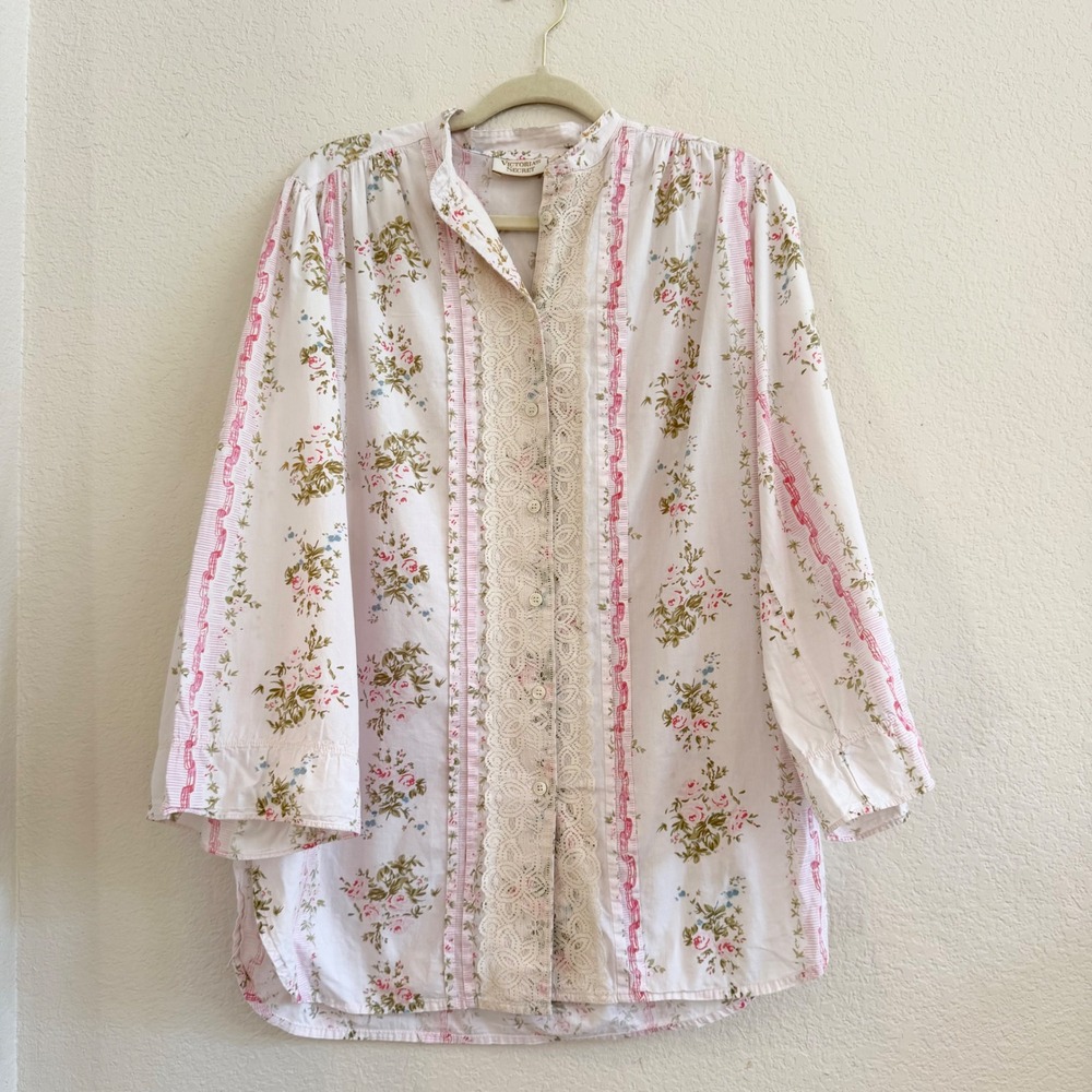 Victorias Secret Vintage '90 Floral Lace Trim Cotton Button Front Nightshirt P/S